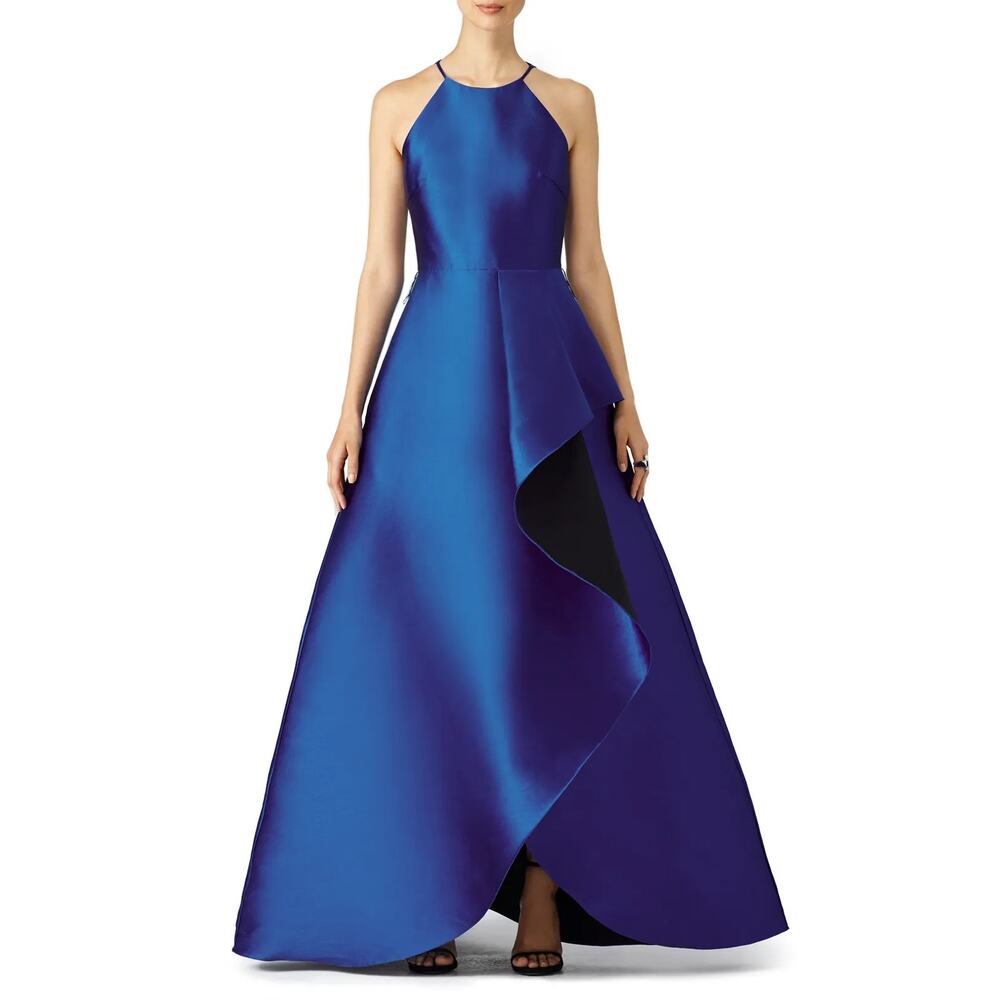 Badgley Mischka Royal Blue and Black Reverse Ruffle Structural Gown Sz 4